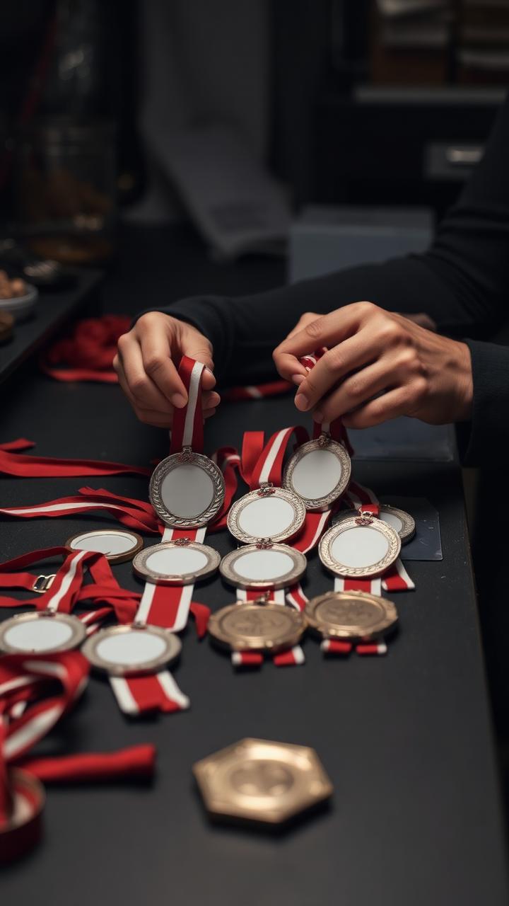 Montagem de medalhas com fitas